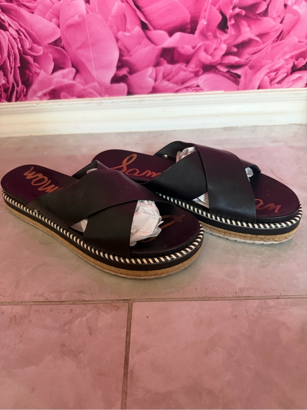 Sam Edelman Black Leather Crisscross Espadrille Slide Sandals - Picture 5 of 7